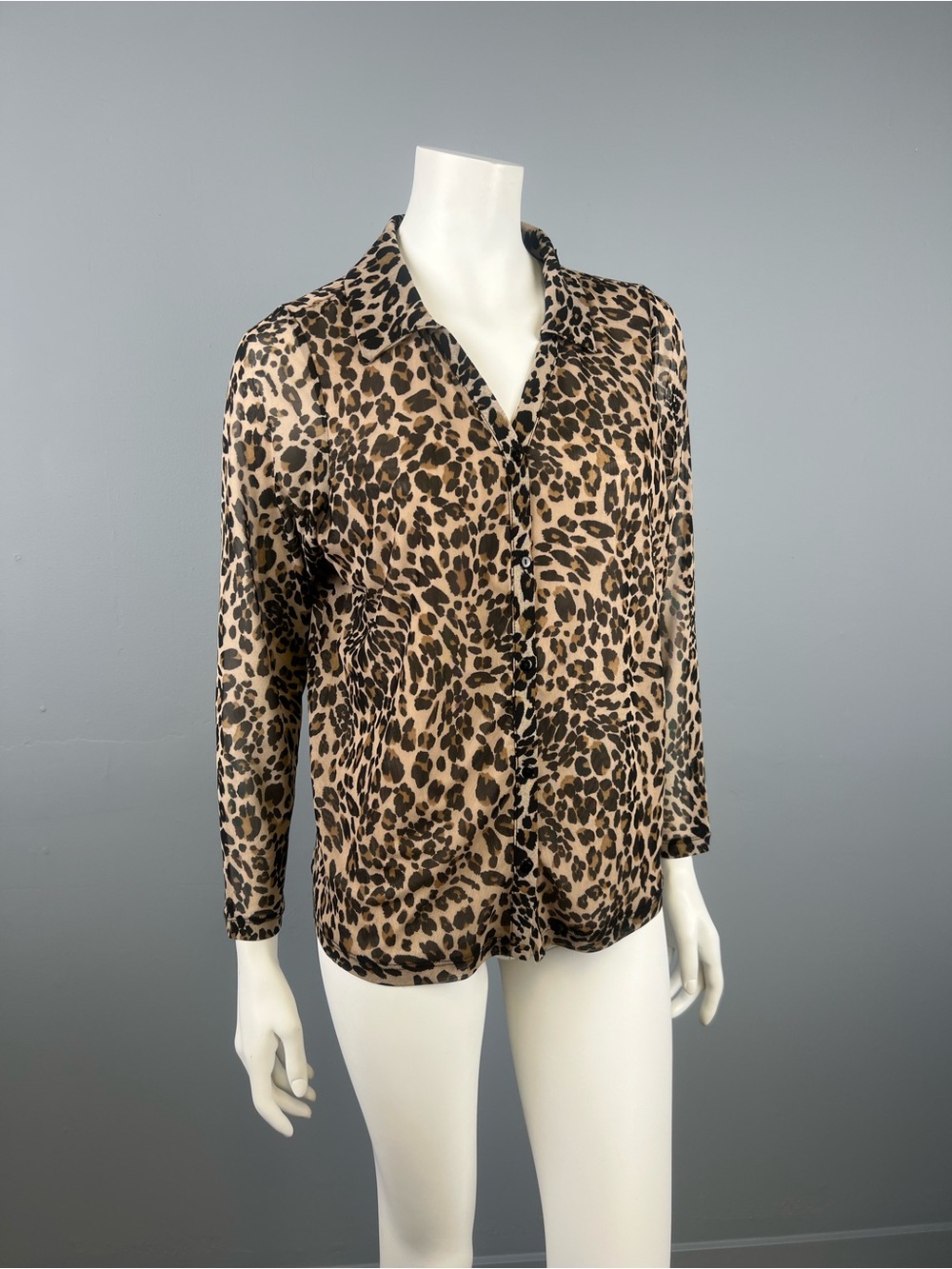Vintage 2000 Cleo Leopard Print Long-Sleeve Sheer Mesh Button-Front Blouse